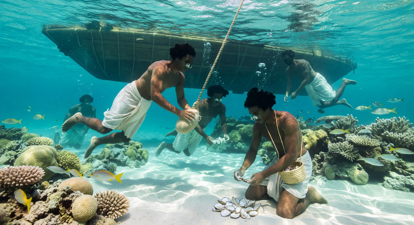 In het kristalheldere water van de Perzische Golf rond het jaar 800 dalen Arabische parelduikers met behulp van zware stenen gewichten af naar de zeebodem om *Pinctada radiata*-oesters te verzamelen in handgeweven manden. Terwijl de schaduw van een traditioneel Abbasidisch schip boven hen drijft, trotseren deze mannen met slechts eenvoudige linnen lendedoeken en neusklemmen van schildpadschild de fysieke uitputting van de "Zee van Zanj". Deze gevaarlijke maar lucratieve handel vormde een vitale schakel in de vroeg-middeleeuwse economie, waarbij kostbare parels vanuit deze koraalriffen hun weg vonden naar de markten van verre rijken.
