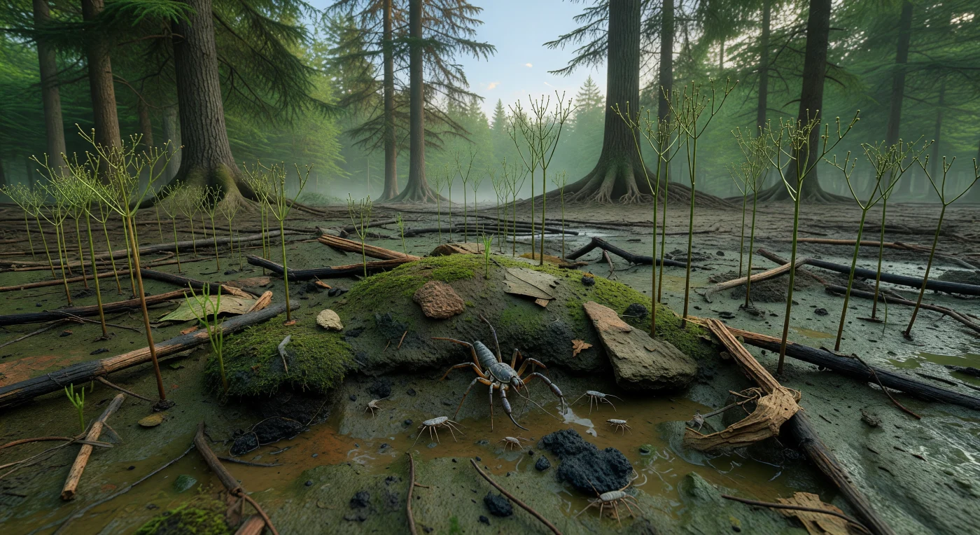 En el suelo de uno de los primeros bosques costeros de la Tierra, hace entre unos 385 y 370 millones de años, un trigonotárbido de apenas 4 cm acecha diminutos hexápodos sin alas sobre barro oscuro encharcado, entre restos leñosos en descomposición, tapices verdes similares a briofitas, matas de Hyenia y jóvenes licópsidos emparentados con Drepanophycus. Esta escena del Devónico medio-tardío, en las llanuras aluviales húmedas de Laurussia, muestra un sotobosque abierto bajo árboles primitivos como Archaeopteris, donde comenzaban a formarse suelos, raíces profundas y complejas redes ecológicas terrestres. Sin flores, hierbas ni vertebrados a la vista, este pequeño depredador representa un mundo pionero: un ecosistema temprano en el que artrópodos y plantas vasculares transformaban la superficie del planeta.