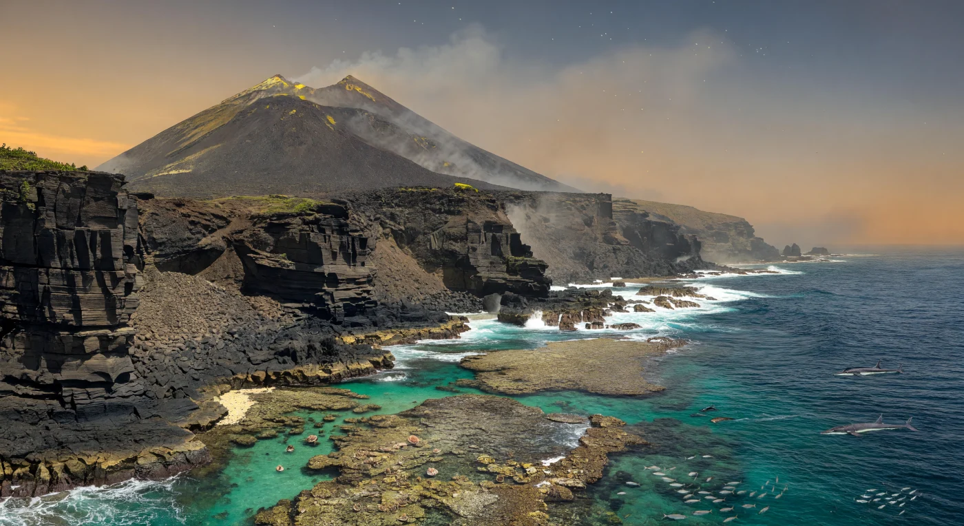 Sur cette côte escarpée d’un arc insulaire de la Panthalassa, il y a environ 220 à 210 millions d’années au Trias supérieur, des falaises de basalte noir et un stratovolcan andésitique fumant dominent une étroite frange récifale battue par une mer turquoise. Dans les hauts-fonds clairs se devinent de petits ammonoïdes, des bancs de poissons néoptérygiens argentés et un récif encore primitif formé de coraux scléractiniaires et d’éponges calcaires, tandis qu’au large passent des ichthyosaures comme des mixosauridés ou des cymbospondylidés. La végétation terrestre y est rare, limitée à quelques plantes pionnières proches des lycophytes et des fougères, soulignant la jeunesse volcanique de cette île née au bord d’une zone de subduction dans l’immense océan mondial qui entourait alors la Pangée.