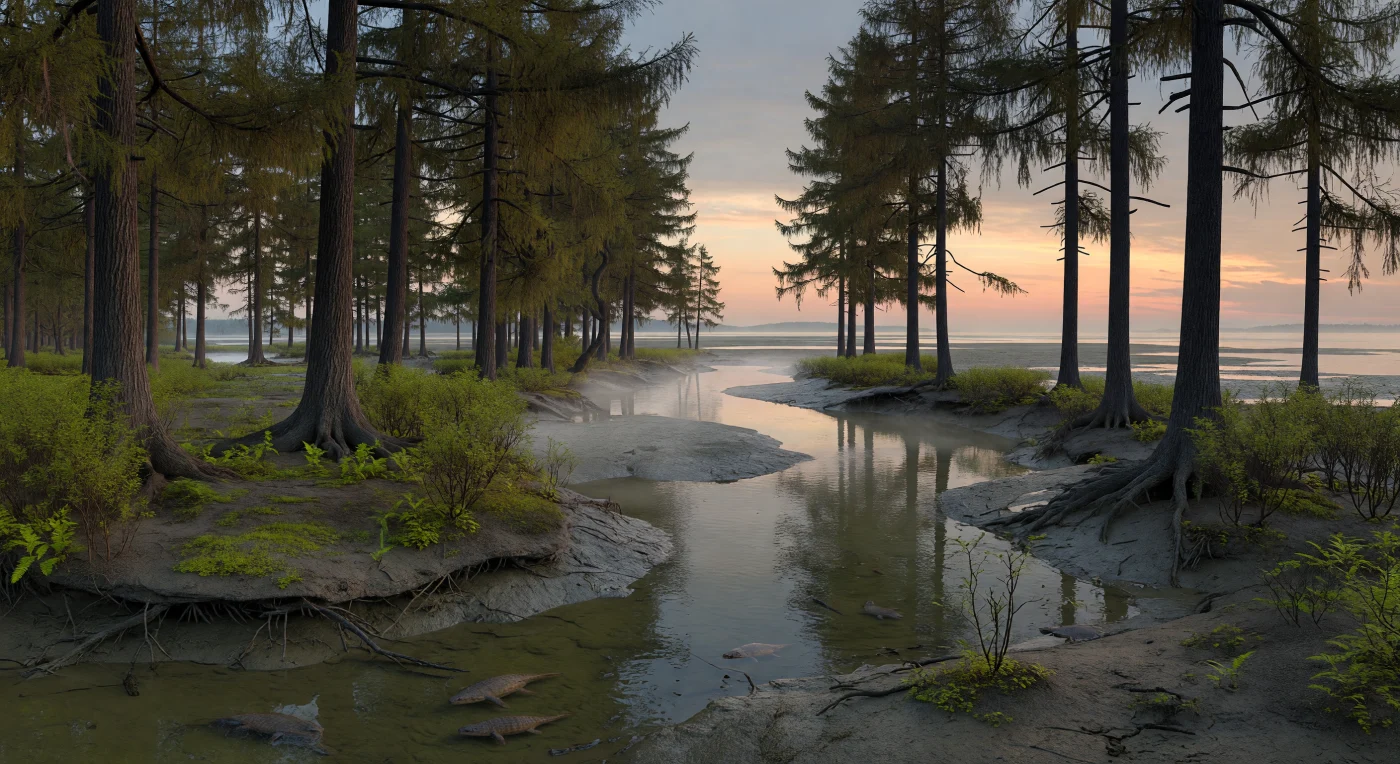 In this Late Devonian estuary of Laurussia, about 370–360 million years ago, towering Archaeopteris—among the first true trees—rise from silty natural levees above misty brackish channels. In the shallow water, small armored Bothriolepis placoderms patrol the muddy bottom with their distinctive jointed pectoral appendages, while low lycopsid thickets and other primitive land plants form a sparse understory. The scene captures one of Earth’s earliest forested coastal landscapes, where deep-rooted trees were beginning to transform soils, waterways, and the planet’s atmosphere.