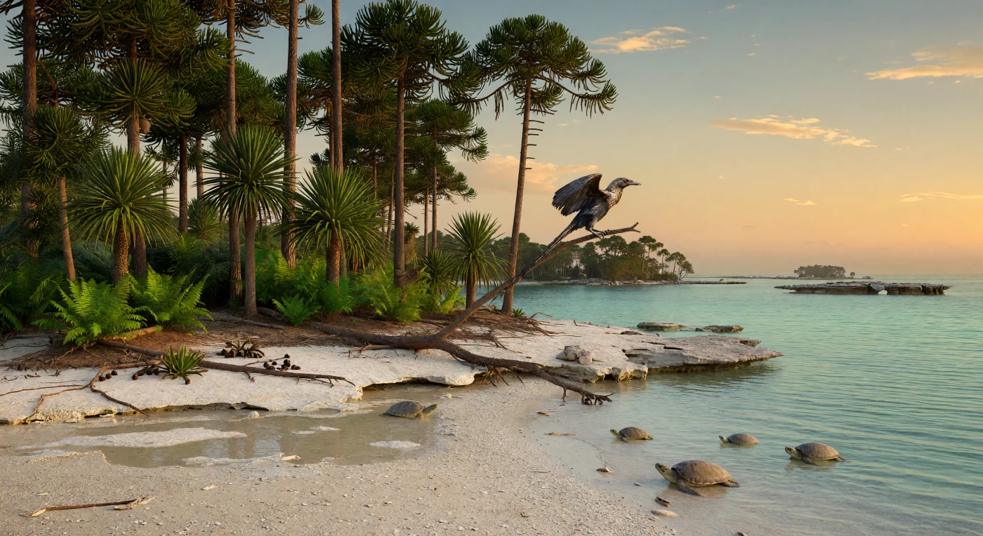 Sul margine di una bassa isola calcarea dell’arcipelago lagunare di Solnhofen, circa 150 milioni di anni fa nel tardo Giurassico, un piccolo Archaeopteryx si posa su un ramo di conifera araucariana sopra una riva fangosa dove tartarughe marine del genere Plesiochelys emergono dalle acque tiepide e trasparenti. Intorno, tra pavimenti di calcare micritico, pozze di marea e sabbie carbonatiche, crescono cicadee, bennettitali e felci osmundacee sotto alte conifere, in un paesaggio privo di piante da fiore e dominato da lagune tropicali della Tetide. La scena cattura un ecosistema insulare del Giurassico superiore in cui dinosauri piumati primitivi e rettili marini condividevano le coste di un mare caldo e poco profondo.