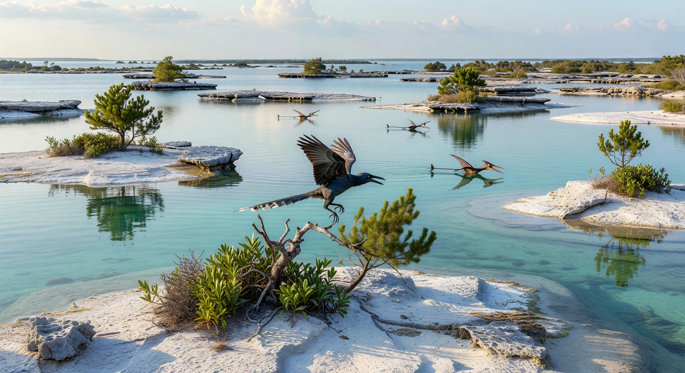 Nell’arcipelago di Solnhofen, nella Germania meridionale di circa 150 milioni di anni fa, un Archaeopteryx lithographica grande quanto una cornacchia spicca il volo da un ramo di conifera sopra basse bennettitali, mentre alcuni Rhamphorhynchus planano sulle acque turchesi e ipersaline della laguna. Le piccole isole di calcare bianco e i fanghi carbonatici finissimi di questo ambiente tropicale del Tithoniano hanno conservato fossili straordinari, rivelando uno dei più antichi uccelli conosciuti: un animale ancora provvisto di denti, dita artigliate sulle ali e lunga coda ossea piumata. La scena cattura un momento di profonda transizione evolutiva, quando dinosauri piumati e pterosauri condividevano i cieli della Laurasia giurassica.
