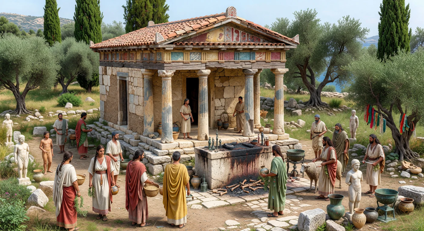 Worshippers gather at an Archaic Greek sanctuary in the Aegean during the 6th century BC, approaching a modest rectangular temple with painted terracotta roof tiles, timber-and-stone supports, and vividly colored architectural details. In front of the building, a smoke-darkened limestone altar and the presence of votive offerings, tripods, and a sacrificial animal evoke the central role of animal sacrifice, libation, and dedication in Greek religious practice. Far from the later image of gleaming marble temples, sanctuaries of this period were working sacred spaces—painted, weathered, and filled with ritual activity.