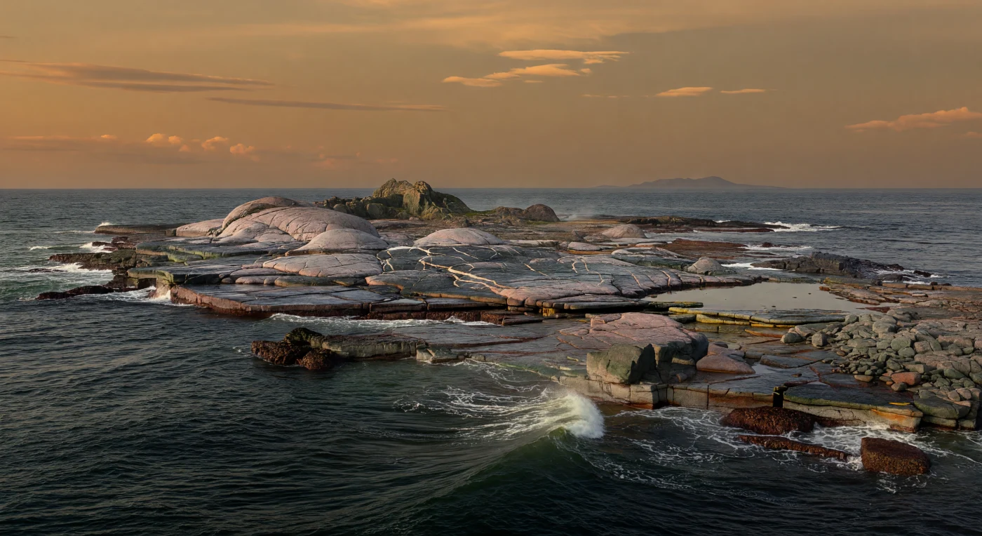 Around 3.2–2.8 billion years ago, some of Earth’s earliest stable continental crust rose only slightly above the sea as low rocky islands like this Archean craton shoreline. The scene shows bare pink-gray TTG granitoid and darker altered basalt washed by a mineral-rich ocean beneath a hazy, methane-tinged sky, with wave-cut benches, fractured slabs, and faint hydrothermal activity but no plants or animals on land. Such landscapes, preserved today in ancient cratons like parts of the Pilbara, Kaapvaal, and Superior provinces, record a world of emerging continents long before complex life transformed Earth’s surface.