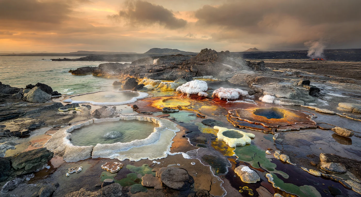Around 3.2–2.8 billion years ago, an Archean craton margin may have looked like this: bare TTG granitoids and dark greenstone–komatiite rocks cut by steaming silica-rich hot springs, fumaroles, and shallow runoff channels. White siliceous sinter, red iron oxides, and yellow sulfur crust the hydrothermal ground, while life is represented only by thin microbial films clinging to persistently wet surfaces around the pools. Under a hazy, oxygen-poor sky, these emerging continental landscapes record some of Earth’s earliest stable land and the intimate link between volcanism, hydrothermal activity, and microbial ecosystems.