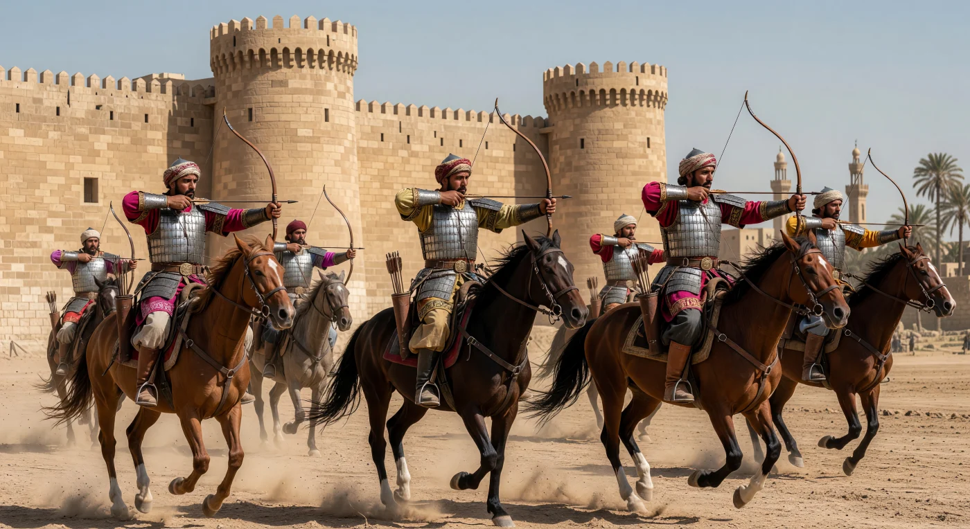 Sous les imposantes murailles de calcaire de la citadelle du Caire, des cavaliers mamelouks d'origine turque s'exercent au tir à l'arc composite, exécutant avec précision le « coup de Parthe » en pleine rotation sur leurs montures au galop. Revêtus d'armures de lamelles de fer portées sur des tuniques de soie ornées de bandes calligraphiées, ces soldats d'élite démontrent la discipline rigoureuse qui a permis au sultanat de repousser tant les Croisés que les invasions mongoles au XIIIe siècle. Cette caste de guerriers-esclaves hautement spécialisés représentait alors l'apogée de la puissance militaire et technologique du monde islamique médiéval.