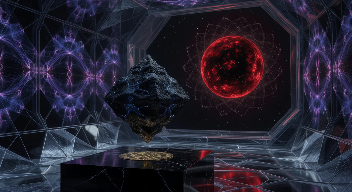 In dieser Rekonstruktion des „Gewölbes der Ursprünge“ (ca. 3000–5000 n. Chr.) schwebt eine Archivar-Entität – eine Form der Substrat-Unabhängigen Geister (SIMs) – in der lautlosen Leere einer Forschungsstation bei Barnards Stern. Das geometrische Wesen aus nanotechnologischem „Smart-Dust“ bewahrt eine vergoldete Siliziumscheibe, ein Relikt der biologischen Menschheit, das mit den mathematischen und musikalischen Fundamenten der Erde gezeichnet ist. Vor dem glühenden Antlitz des roten Zwergsterns markiert dieser Moment den endgültigen Übergang von organischer Materie zu einer Existenz in kristalliner, mathematischer Perfektion.