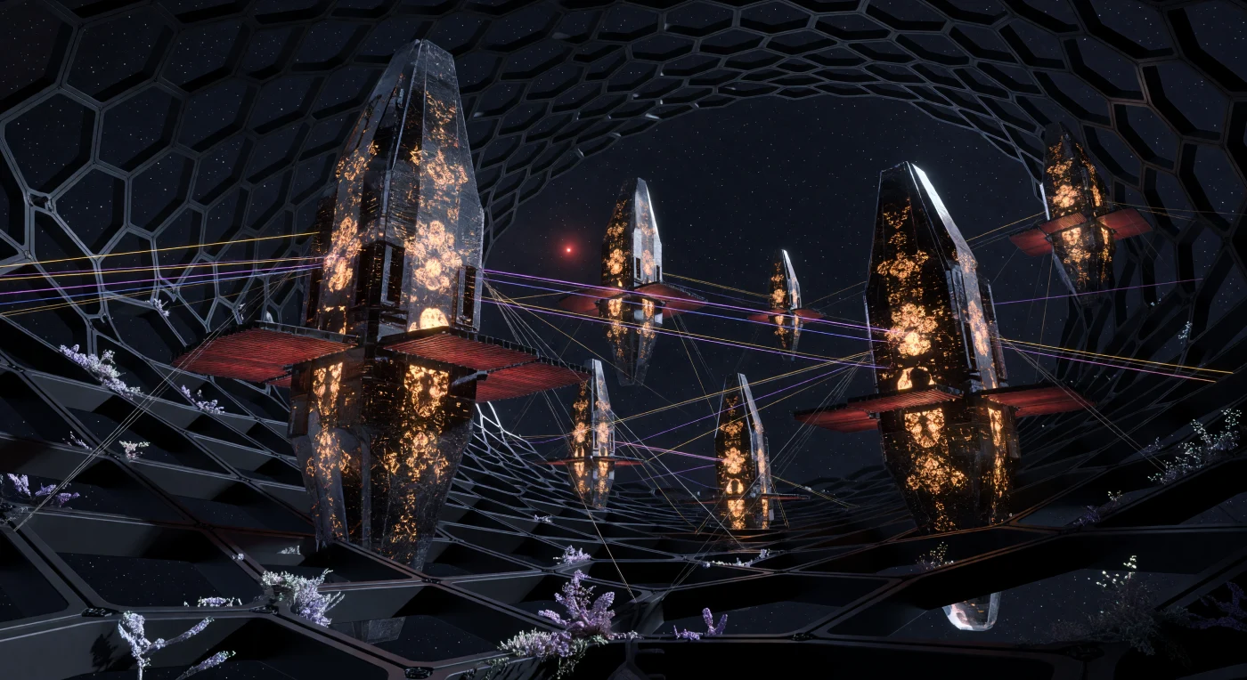 Au cœur de l’ère de l’Horizon (v. 100 000 – 1 000 000 de notre ère), ces Monolithes colossaux en computronium cristallin flottent dans le vide d’une sphère de Dyson, abritant les consciences archivées des « Atténués ». Ces processeurs à l’échelle urbaine pulsent d’une lueur ambrée de données, tandis que des radiateurs géants évacuent la chaleur résiduelle vers le zéro absolu de l'espace profond. Sur les structures de carbone, des colonies d’extrêmophiles féraux à base de silicium s’épanouissent, illustrant la persistance de la vie sous des formes minérales bien après l'extinction des organismes carbonés.