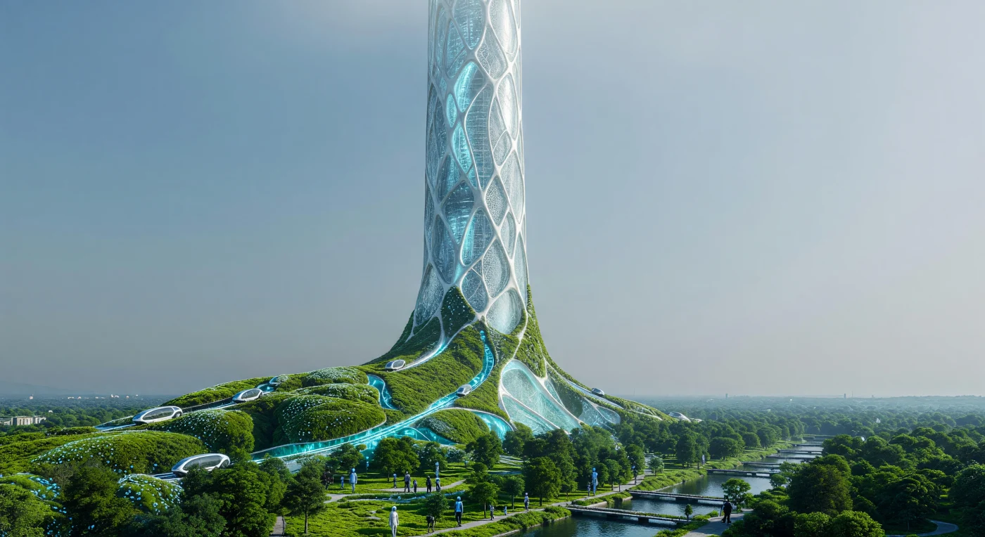 Dominant le paysage de l'Europe du milieu du XXIe siècle, l'Arcologie de Berlin-Mitte est un monolithe de bio-béton de 1,5 kilomètre illustrant la période charnière du Seuil (2025-2050). Sa structure translucide, drapée de lichen synthétique conçu pour la capture massive du carbone, témoigne d'une symbiose technologique entre les énergies de fusion et une biosphère en pleine restauration. Au sol, les anciens espaces urbains ont laissé place à une forêt sauvage où cohabitent citoyens augmentés et entités synthétiques dans une harmonie post-carbone.