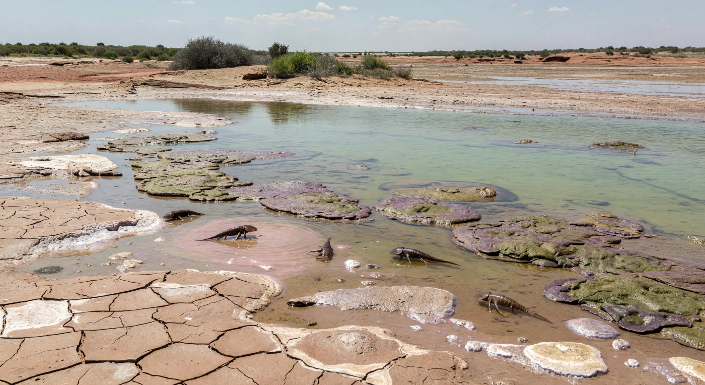 On this Late Carboniferous shoreline, roughly 310–300 million years ago, a shallow hypersaline lagoon lies within an arid coastal sabkha on Pangaea, its margins patterned by polygonal mudcracks, pale gypsum crusts, and colorful microbial mats. Small eurypterids of the genus Adelophthalmus—among the last of the “sea scorpions,” here only about 10–20 cm long—move through warm brackish pools and retreating channels, sweeping the sediment with their paddle-like limbs. The scene highlights a lesser-known Carboniferous world beyond the coal swamps: dry subtropical flats, evaporite formation, and resilient life adapted to salty, fluctuating waters.