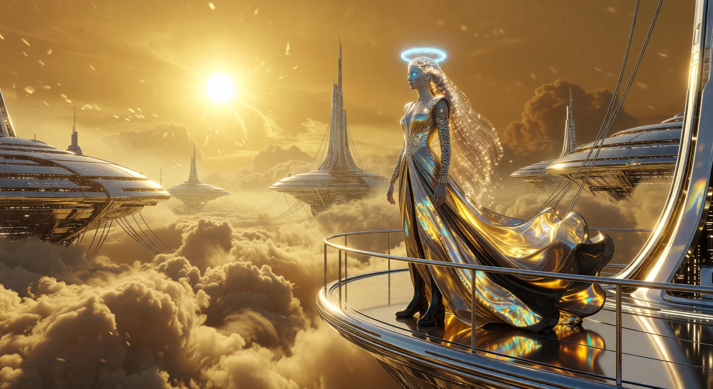 En esta recreación de la Era de la Expansión Solar (2500–3000 d.C.), un aristócrata del «Ideal Solar» posa en el Distrito Ishtar, a 50 kilómetros sobre la superficie de Venus, luciendo un vestido de aero-grafeno diseñado para emular las corrientes de ácido sulfúrico. La anatomía del sujeto refleja siglos de ingeniería biológica, con extremidades alargadas para la baja gravedad y cilios de fibra óptica que responden a impulsos neuronales bajo la densa atmósfera de bronce del planeta. Esta escena ilustra la síntesis definitiva entre la humanidad y los entornos más hostiles del sistema solar, donde la tecnología de suelas magnéticas y los halos neuronales permiten la vida en agujas de cromo suspendidas sobre el abismo planetario.