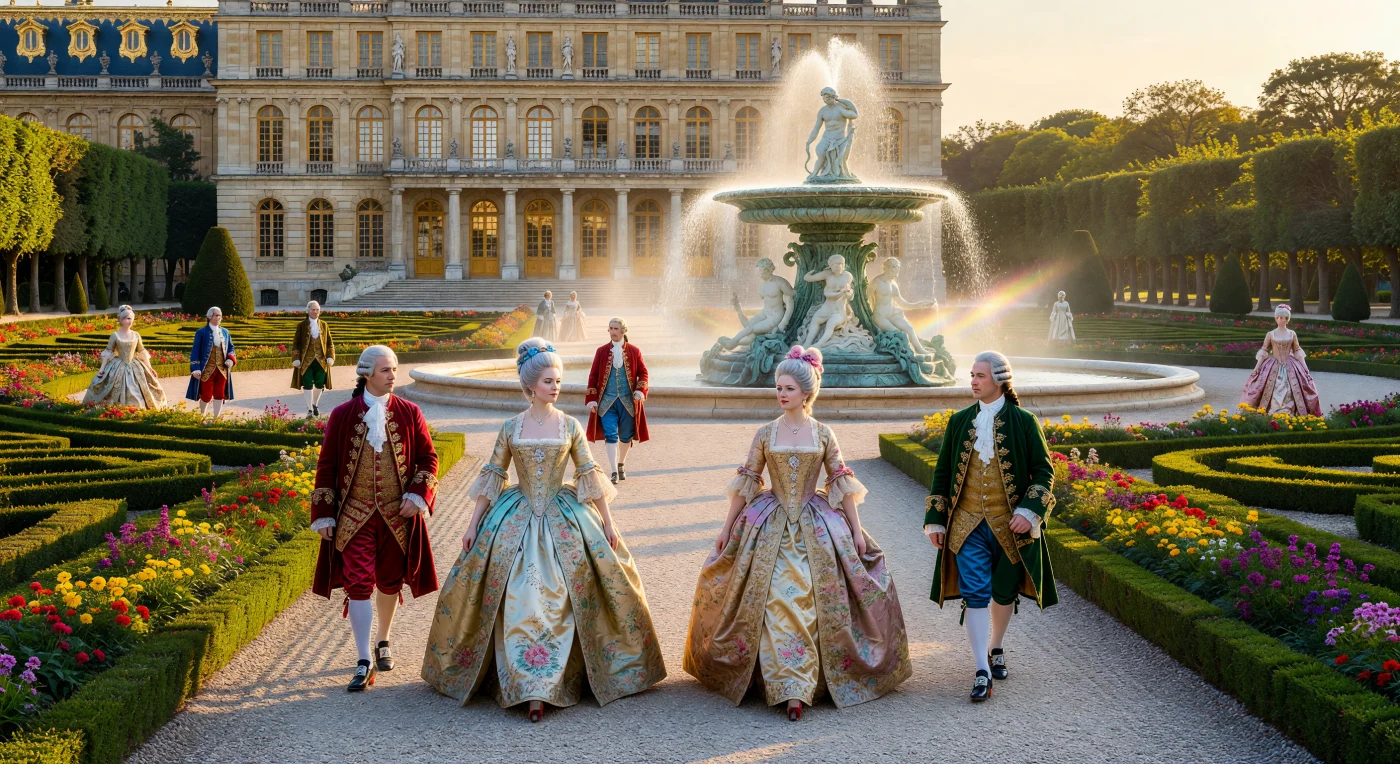 Nobres em suntuosas vestes de seda e perucas empoeiradas percorrem os caminhos de cascalho dos jardins de Versalhes, onde fontes de mármore e sebes geométricas emolduram a grandiosa fachada do palácio sob a luz dourada do entardecer. Esta paisagem de meados do século XVIII ilustra a perfeição do "jardin à la française", um símbolo do absolutismo de Bourbon que buscava demonstrar o domínio absoluto da razão e da coroa sobre a própria natureza. Detalhes como os saltos vermelhos dos cavalheiros e as amplas silhuetas das damas reforçam a rígida hierarquia social da época, transformando o jardim em um palco de ostentação e poder político.