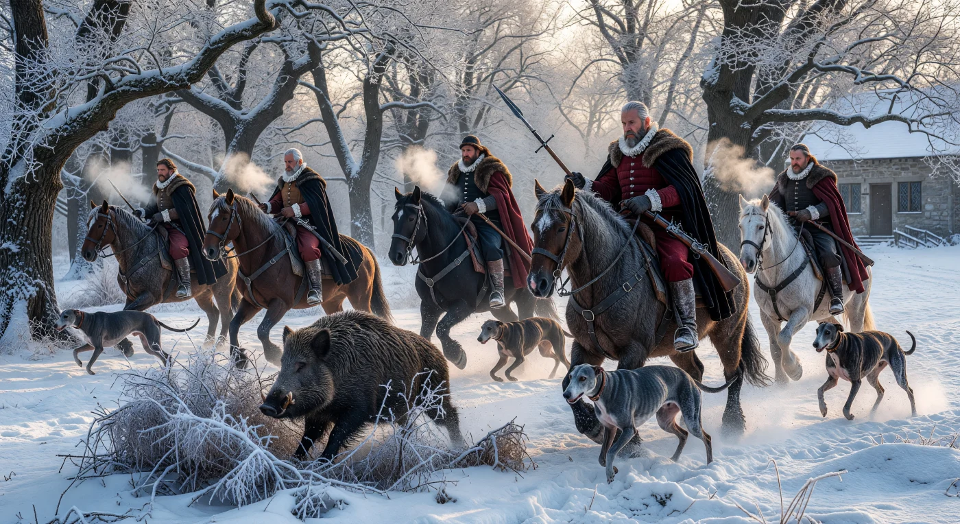 Tijdens het hoogtepunt van de Kleine IJstijd rond 1600 achtervolgen edellieden op robuuste paarden een wild zwijn door een ijzig Noord-Europees eikenbos, vergezeld door atletische windhonden. Gekleed in luxueuze maar functionele kledij van wol, fluweel en bont, hanteren de jagers zware ijzeren zwijnenspiesen terwijl hun adem bevriest in de mistige winterlucht. Deze scène weerspiegelt de brute realiteit van de aristocratische jachtcultuur in de late renaissance, waarin fysieke moed en de beheersing van de natuur dienden als een essentieel symbool van macht en status.