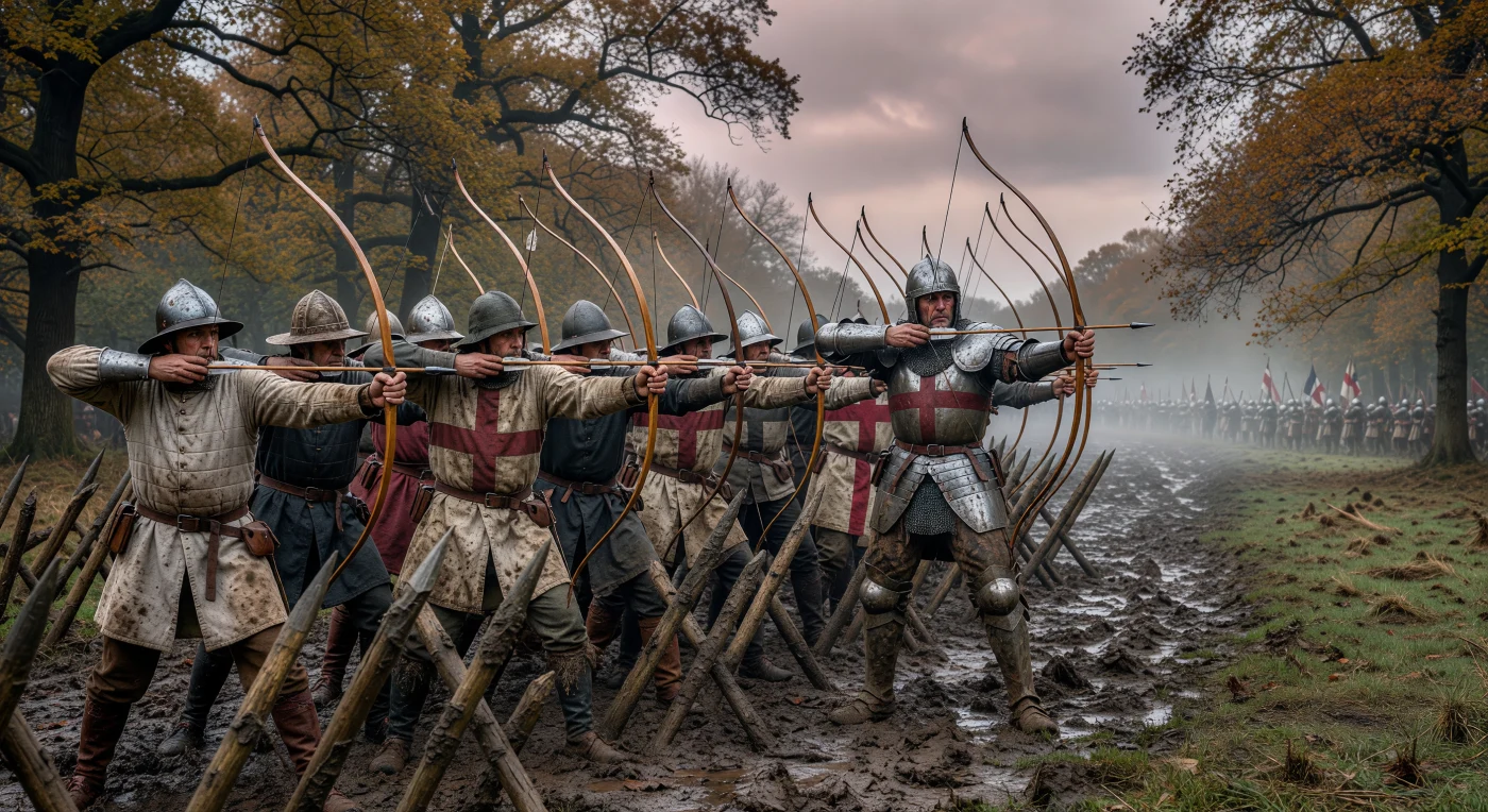 En el embarrado campo de batalla de Agincourt en 1415, un grupo de curtidos arqueros ingleses tensa sus potentes arcos de tejo de dos metros tras una línea defensiva de estacas de roble afiladas. Junto a ellos destaca un caballero protegido por una armadura completa de placas de acero, observando el avance enemigo a través de la densa bruma y el terreno convertido en un lodazal. Esta escena captura la crudeza de la Guerra de los Cien Años, donde la combinación de proyectiles de largo alcance y defensas improvisadas desafió la supremacía de la caballería pesada en el Medievo tardío.