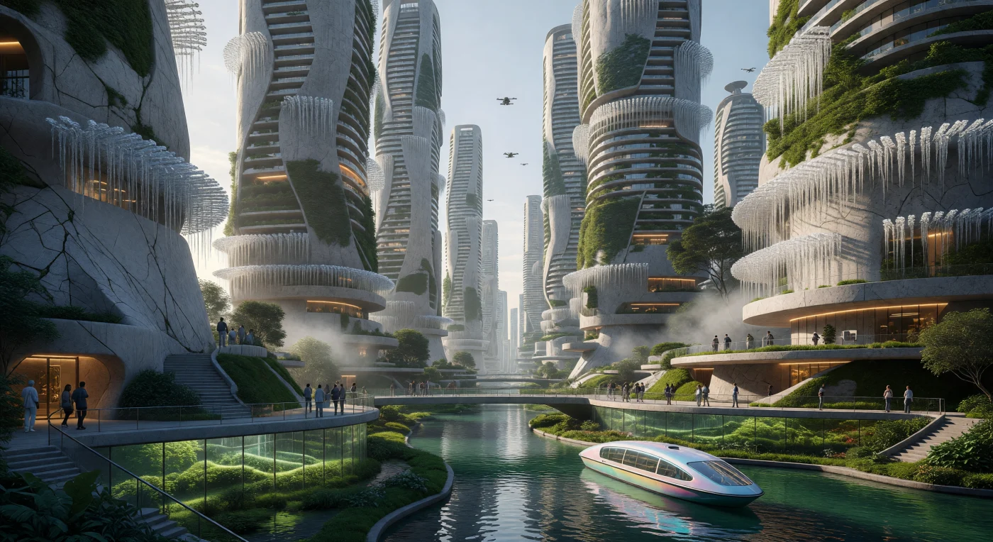 Esta vista do Novo Arquipélago de Londres ilustra a transição urbana da "Alvorada Aumentada" no final do século XXI, período em que a arquitetura evoluiu para se tornar um organismo funcional e simbiótico. As espirais de bioconcreto utilizam a bactéria *Bacillus pseudofirmus* para autorreparação estrutural, enquanto filamentos translúcidos colhem umidade atmosférica acima de biosvales regenerativos que substituíram as antigas vias de asfalto. Neste ecossistema de "Cidade Esponja", o uso de grafeno e materiais carbononegativos demonstra a adaptação da humanidade frente à subida do nível do mar, fundindo a engenharia de precisão com a resiliência biológica profunda.