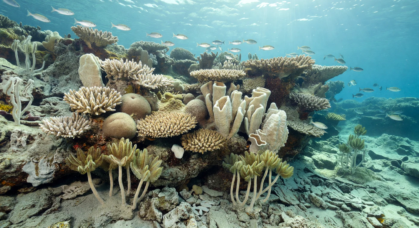 En el Tethys occidental del Noriense, hace unos 220–210 millones de años, este arrecife de antearrecife desciende por una ladera de derrubios carbonatados iluminada por haces de sol tropical. Entre ramas abiertas de coral escleractinio Retiophyllia y domos de Margarophyllia se alzan esponjas esfínctozoas de tonos crema, mientras praderas del crinoide Encrinus liliiformis filtran la corriente sobre repisas de caliza micrítica y boundstone arrecifal. Sobre el borde del arrecife, bancos de Peltopleurus de unos 20 cm centellean en aguas claras, evocando una fase clave de recuperación y diversificación de los arrecifes mesozoicos tras la gran crisis del final del Pérmico.