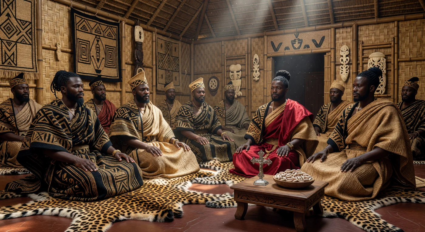 يصور هذا المشهد نبلاء من مملكة الكونغو في القرن السابع عشر وهم يجلسون بوقار على جلود الفهود داخل قاعة استقبال مهيبة مبنية من القصب والمنسوجات المتقنة. يرتدي الأرستقراطيون أثواباً من ألياف الرافيا تتميز بأنماط هندسية بارزة تعكس ذروة الفن النسيجي لدى شعب "الباكونغو"، بينما تظهر قطع مثل الصليب الفضي والحرير المستورد مدى النفوذ السياسي والروابط التجارية العالمية للمملكة في عصر النهضة. يجسد هذا اللقاء الدبلوماسي بيئة سياسية متطورة تجمع بين التقاليد الأفريقية العريقة والانفتاح المبكر على التبادل الثقافي العابر للقارات.