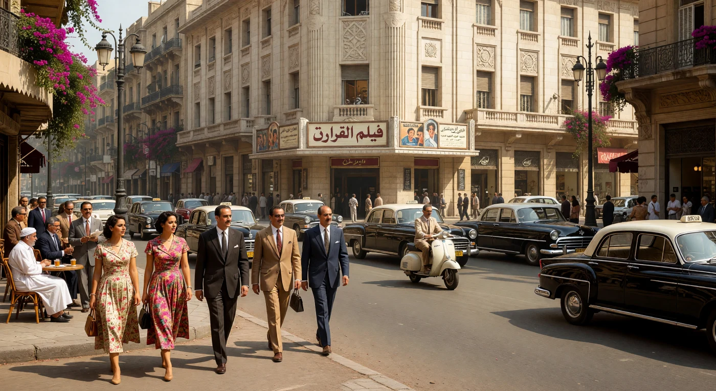 Een zonovergoten boulevard in het Cairo van 1960 toont de stad op haar kosmopolitische hoogtepunt, waar elegante voetgangers in modieuze westerse kleding langs een monumentale Art Deco-bioscoop wandelen. Terwijl iconische zwart-witte Peugeot 403-taxi's door de drukke straten manoeuvreren, weerspiegelt de mix van kleurrijke bloemenjurken en strak gesneden maatpakken de bijnaam van de stad als het "Parijs van het Oosten". Dit levendige tafereel vangt een uniek moment van modernisering en culturele bloei in het Egypte van het midden van de twintigste eeuw.