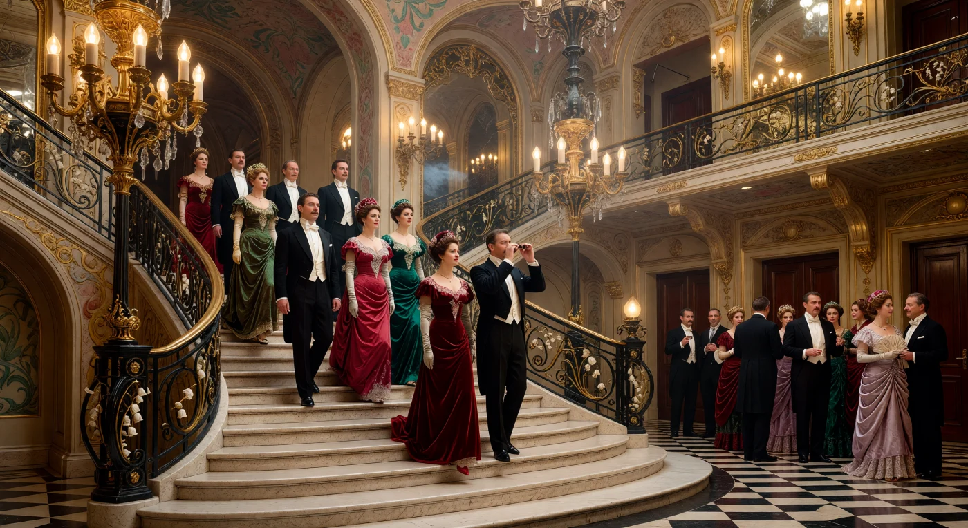 In der Pariser Oper um 1900 offenbart sich die Pracht der Belle Époque durch eine monumentale Marmortreppe, die von den charakteristischen Peitschenhiebschwüngen des Art Nouveau und dem warmen Glanz früher elektrischer Kronleuchter gerahmt wird. Während die gesellschaftliche Elite in kostbaren Samtroben mit S-Silhouette und klassischer Frackgarderobe emporsteigt, wird das Foyer zur Bühne für eine Ära, die von technologischem Fortschrittsglauben und künstlerischer Extravaganz geprägt war. Diese Momentaufnahme fängt den Übergang vom Gaslicht zum elektrischen Zeitalter ein und illustriert den Wunsch der gehobenen Gesellschaft, Modernität mit opulenter Tradition zu verknüpfen.