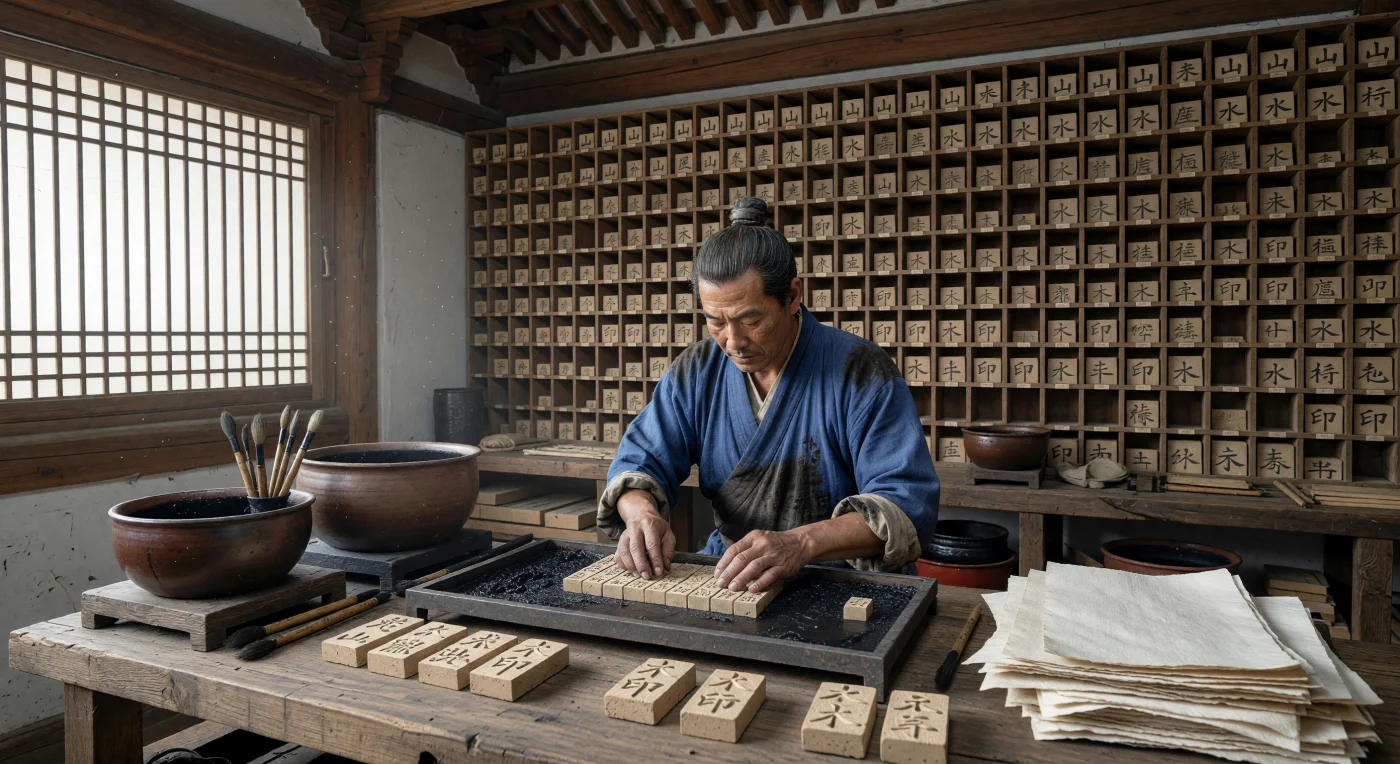 En este taller de la dinastía Song del siglo XI, un artesano ensambla meticulosamente caracteres individuales de arcilla cocida dentro de un marco de hierro para imprimir sobre papel de morera. Esta técnica de tipos móviles, precursora de la imprenta moderna, permitió una difusión sin precedentes del conocimiento y la literatura clásica en centros urbanos como Kaifeng. La escena ilustra el ingenio tecnológico de la China medieval, donde la precisión manual y la innovación de materiales transformaron para siempre la historia de la comunicación escrita.