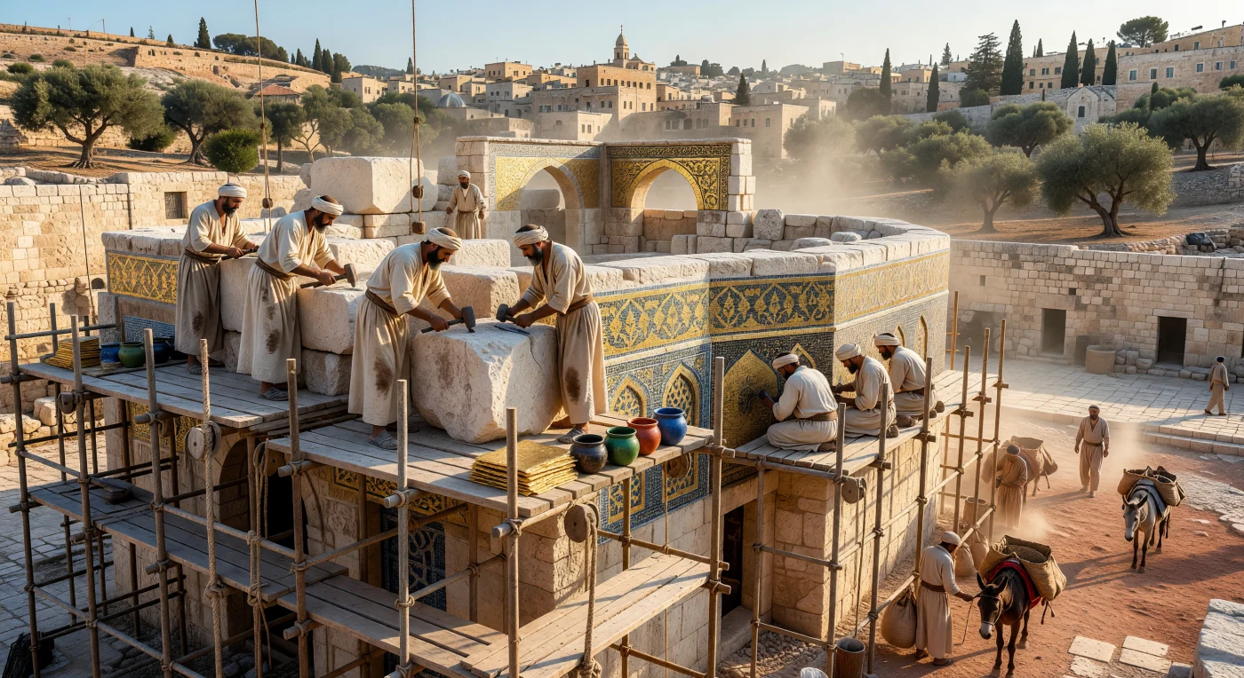 En la Jerusalén de finales del siglo VII, canteros levantinos vestidos con túnicas de lino trabajan sobre robustos andamios para erigir la estructura octogonal de la Cúpula de la Roca. Los artesanos emplean herramientas de época para alinear bloques de piedra caliza y aplicar meticulosamente mosaicos de pan de oro con intrincados motivos geométricos, evitando cualquier representación humana según la tradición anicónica. Bajo la luz dorada del atardecer, este monumental proyecto del Califato Omeya transforma el horizonte de la Ciudad Santa, fusionando la maestría técnica bizantina con la naciente identidad arquitectónica y religiosa del mundo islámico.