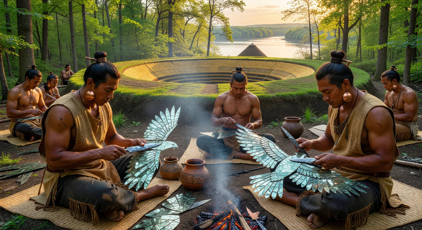 Artesãos da tradição Hopewell utilizam ferramentas de pedra lascada para moldar delicadas folhas de mica prateada em figuras de aves, enquanto exibem ornamentos de cobre que denotam seu status e habilidade. Ao fundo, imponentes aterros geométricos de terra elevam-se sobre a paisagem do Vale do Ohio, servindo como centros cerimoniais e astronômicos essenciais para esta sociedade complexa. Esta cena ilustra a sofisticação da América do Norte por volta de 300 d.C., destacando uma era de vastas redes comerciais e refinamento artístico excepcional.