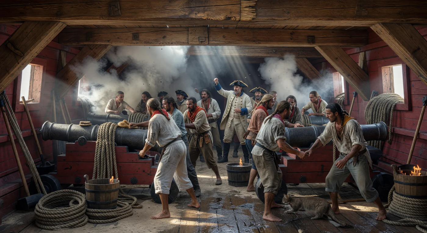 No interior sufocante de uma nau de linha francesa do século XVIII, marinheiros cobertos de fuligem operam pesados canhões de 36 libras sob uma densa névoa de fumaça sulfurosa. O convés e as carruagens de madeira exibem o tom "rouge d'ocre", uma escolha deliberada para camuflar o sangue derramado durante os violentos confrontos navais da Era da Vela. Esta imagem ilustra a realidade visceral da guerra marítima no Atlântico, onde a disciplina rigorosa e a força bruta eram essenciais para a sobrevivência e o domínio dos impérios coloniais.