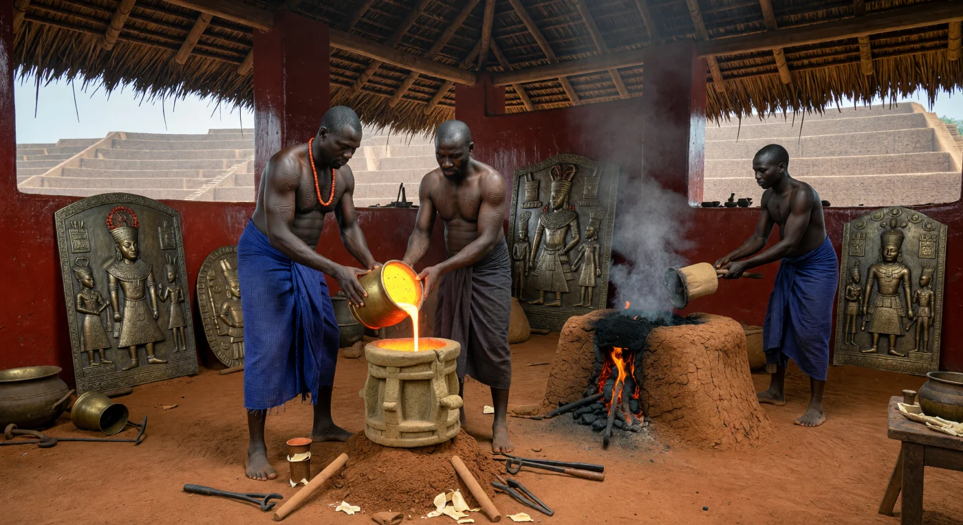 Au cœur de l'atelier royal de l'Igun Eronmwon vers 1750, des maîtres artisans Edo coulent du laiton incandescent dans des moules d'argile selon la technique ancestrale de la cire perdue. Ces experts, reconnaissables à leurs parures de corail signalant leur haut rang, façonnent les célèbres plaques de bronze destinées à glorifier le palais de l'Oba au sein des imposants remparts de terre de la cité du Bénin. Cette scène illustre l'apogée de la métallurgie ouest-africaine, témoignant d'une maîtrise technique et artistique exceptionnelle qui plaçait l'Empire Edo parmi les centres de civilisation les plus sophistiqués de l'époque moderne.