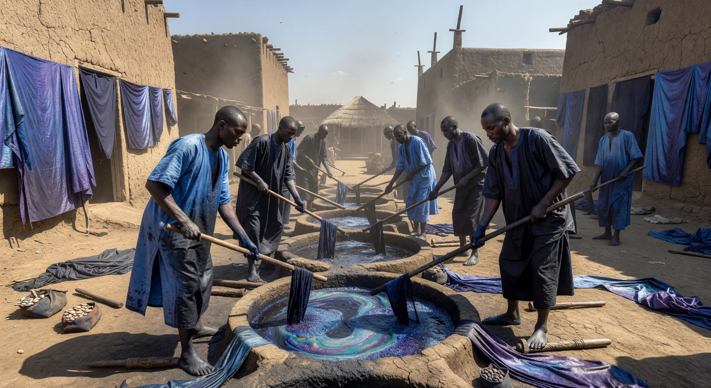 Au cœur du califat de Sokoto vers 1850, des artisans haoussa s'activent autour des célèbres fosses de Kofar Mata à Kano, plongeant de longues bandes de coton dans une teinture d'indigo fermentée. La lumière intense du Sahel fait miroiter les étoffes qui sèchent sur les murs d'adobe, révélant les reflets violacés métalliques caractéristiques de ce savoir-faire ancestral. Plaque tournante du commerce transsaharien, la cité produisait ces textiles précieux qui demeuraient des symboles de prestige et des piliers de l'économie régionale bien avant l'ère coloniale.