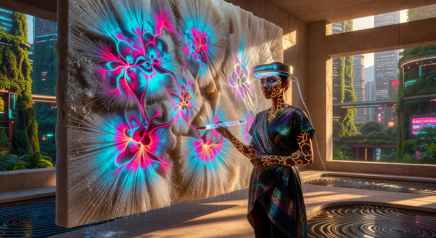 En esta crónica visual del año 2042, un artista "Promptista" emplea un Pincel Neural para orquestar patrones de reacción-difusión sobre un "Lienzo Vivo", un sustrato biológico compuesto por micelio denso que reacciona en tiempo real a los impulsos cognitivos. Durante el periodo de El Umbral (2025-2050), la convergencia entre la biotecnología y la inteligencia artificial permitió que la expresión creativa evolucionara hacia sistemas biológicos dinámicos, utilizando seda fúngica y pigmentos post-naturales para borrar la frontera entre el pensamiento y la materia orgánica. Esta escena, situada en la megalópolis de Lagos-Bombay, documenta una transición evolutiva donde la humanidad dejó de simplemente representar la vida para comenzar a co-crear con ella a nivel celular.