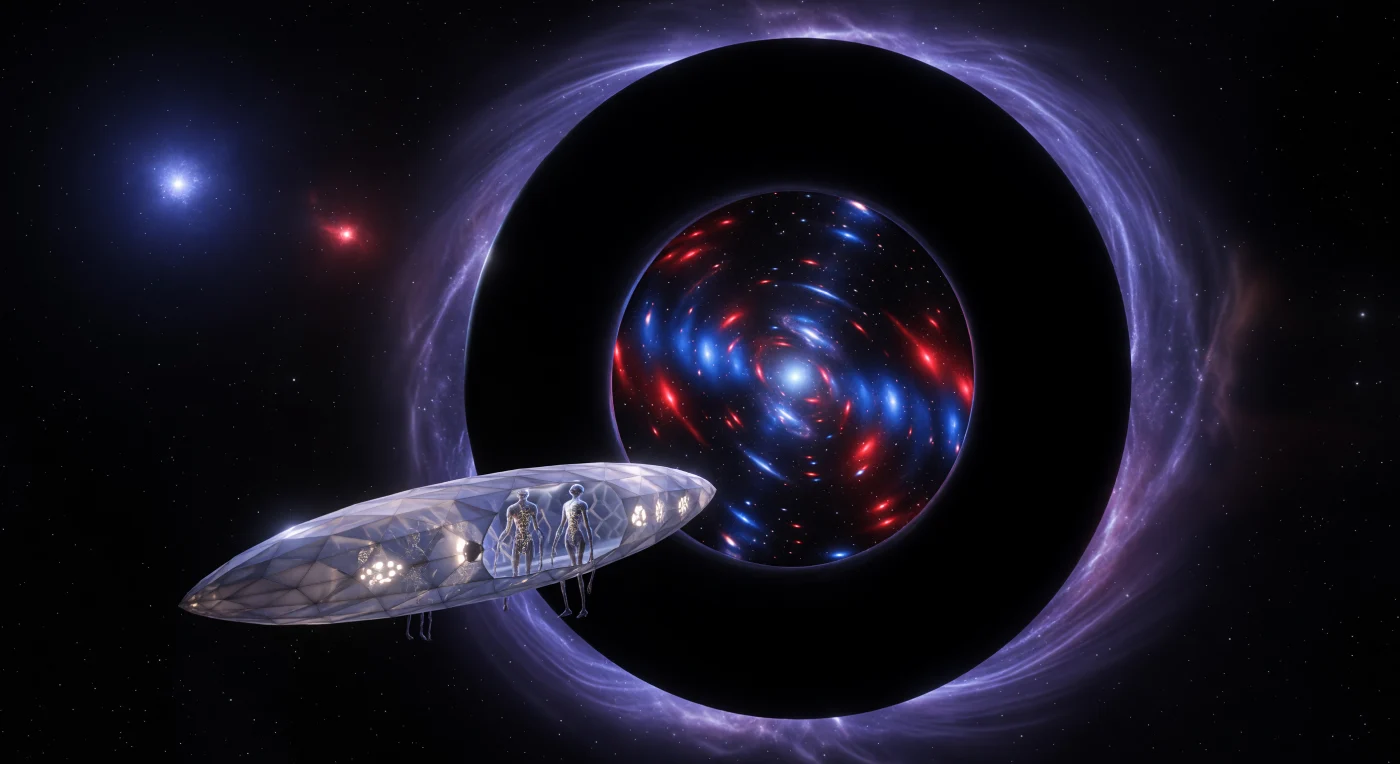 「宇宙的成熟期」（紀元2万年〜10万年頃）において、人類の末裔は惑星の管理者から銀河の設計者へと進化を遂げ、この直径500キロメートルに及ぶ「アルクビエレ・ヴィッサー・格子」のような超巨大構造物を建造しました。縮退中性子物質で構成された漆黒の環は、空間を物理的に歪曲させる重力レンズとして機能し、遠方の星々を赤方偏移と青方偏移の極彩色へと引き伸ばしながら、相対論の壁を越える超光速航行を可能にします。手前に浮かぶダイヤモンド格子の宇宙船内では、合成皮膚と光ファイバーの神経網を持つ「ポスト・バイオロジカル・エクソ・サピエンス」たちが、10万年に及ぶ技術進化の極致である静謐な虚空を見つめています。