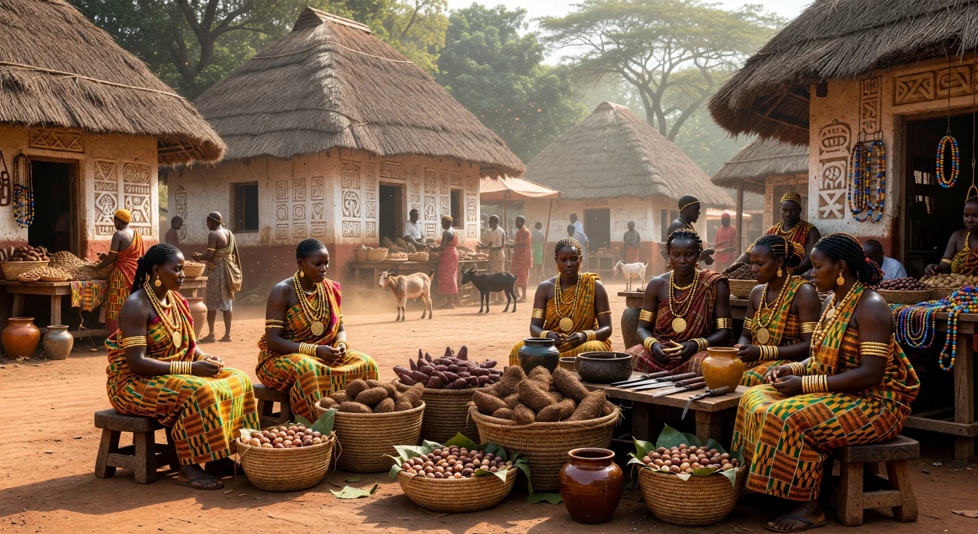 Auf dem geschäftigen Marktplatz von Kumasi, der Hauptstadt des Asante-Reiches, präsentieren Händlerinnen in farbenfrohen Kente-Gewändern und kostbarem Goldschmuck ihre Waren wie Wald-Yams und Kolanüsse. Die weiß getünchten Gebäude im Hintergrund sind mit symbolischen Adinkra-Reliefs verziert und zeugen von der architektonischen Raffinesse dieser westafrikanischen Großmacht des 18. Jahrhunderts. Diese Szene illustriert eindrucksvoll den Wohlstand und die zentrale gesellschaftliche Rolle der Marktfrauen in einer Epoche, in der das Asante-Reich durch Goldhandel und diplomatisches Geschick seine Blütezeit erlebte.