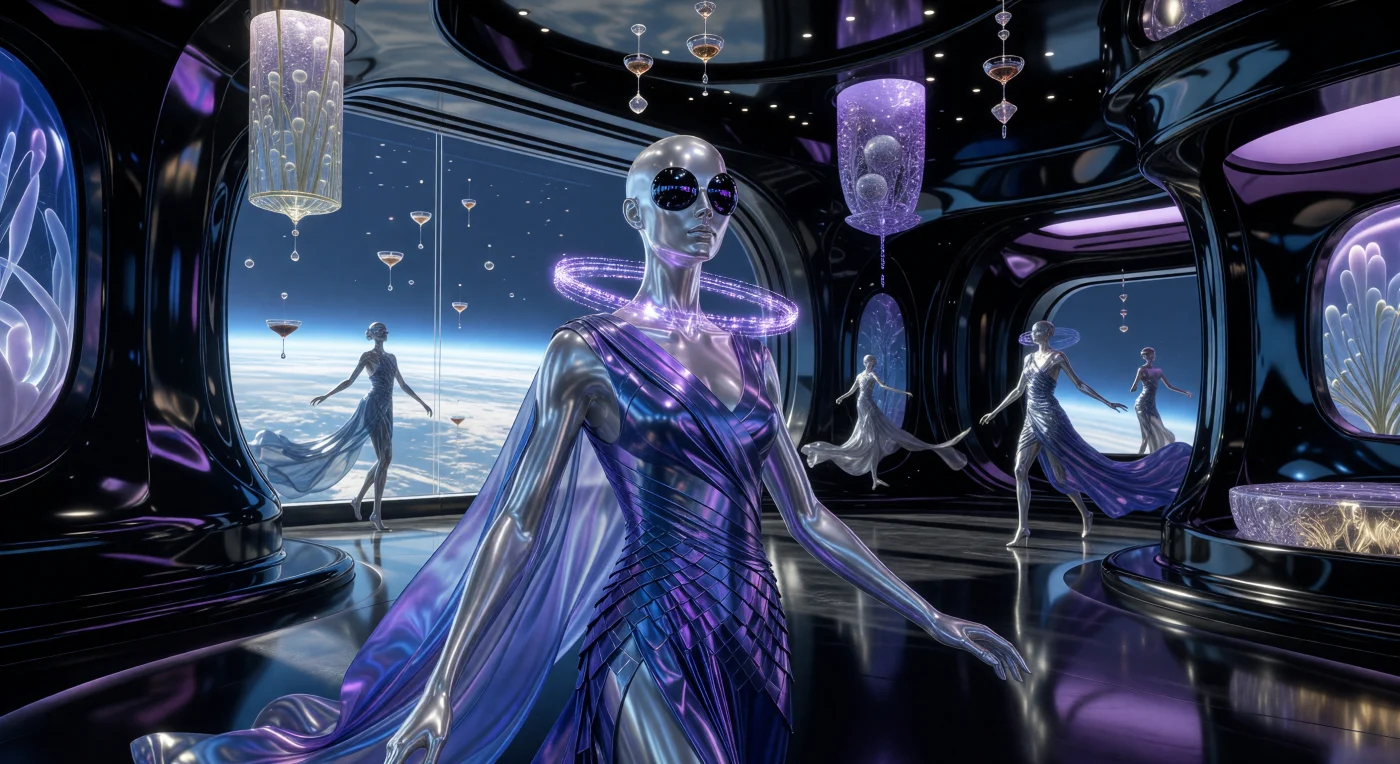 This scene captures an "Ascended" Orbital Synthetic during the Great Divergence (2200–2500 CE), a period marked by the dramatic biological and cultural fracturing of the human species into distinct lineages. The figure exhibits characteristic adaptations to long-term low-gravity habitation, including an elongated silhouette and wide-spectrum obsidian sensors in place of eyes, while draped in "Chameleon-Silk"—a programmable liquid-metal textile that shifts its molecular structure in response to the wearer's neural fluctuations. In the background, the "Ferro-Fluid Neo-Brutalism" of the orbital station’s architecture pulses in rhythm with life-support systems, reflecting a civilization that has fully integrated advanced materials science and synthetic biology into the fabric of high-society aesthetics.