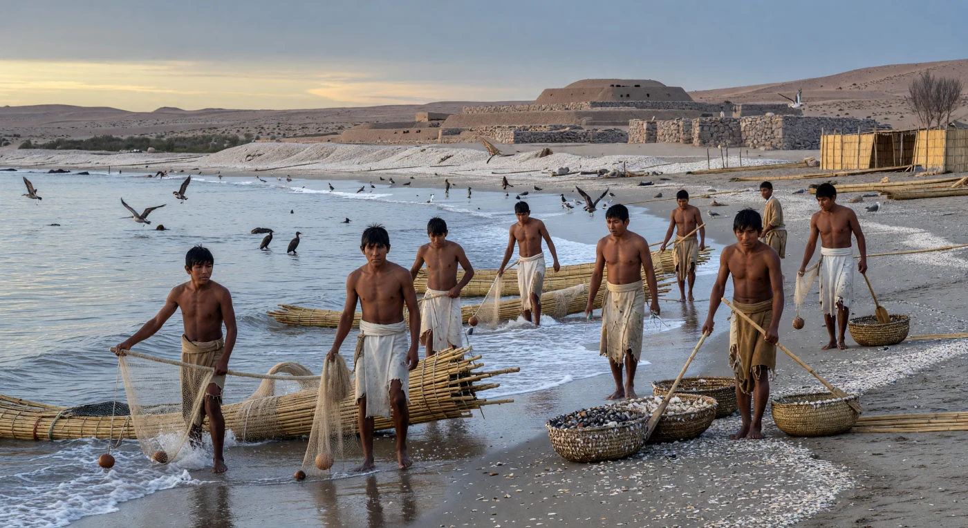 페루 수페 해안의 아스페로에서는 새벽 안개가 깔린 차가운 태평양 물가에서 어부들이 토토라 갈대로 묶은 배를 밀어 넣고, 손으로 짠 목화 그물과 박 부표, 조개 바구니를 다루며 하루의 어로를 시작한다. 모래와 조개더미가 뒤섞인 해변 위로 펠리컨과 가마우지가 맴돌고, 뒤편에는 돌과 섬유 자루로 쌓은 낮은 제단형 구조물이 희미하게 모습을 드러내어 이곳이 단순한 어촌이 아니라 기념비 건축을 세운 북중부 안데스 해안 사회의 일부였음을 보여 준다. 아스페로와 같은 취락은 풍부한 해양 자원을 바탕으로 성장했으며, 금속이나 문자 없이도 목화·갈대·돌을 활용해 복잡한 공동체와 교역망을 이루었던 초기 안데스 문명의 중요한 거점이었다.