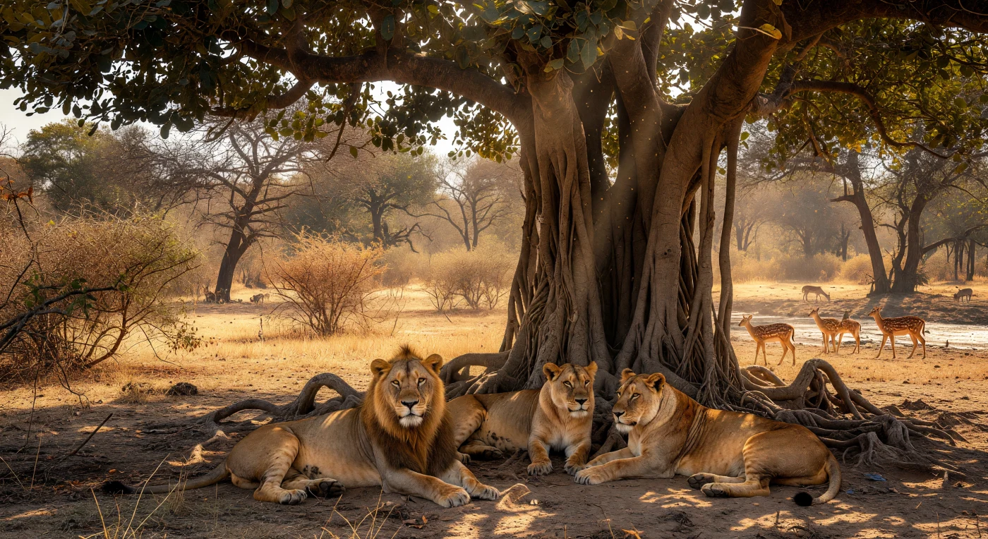 A pride of Asiatic lions seeks refuge from the midday heat beneath the expansive aerial roots of a Banyan tree in the 12th-century Gir forest of Gujarat. This scene highlights the distinct morphological features of the subspecies, including the shorter mane and the characteristic longitudinal belly fold that differentiate them from African lions. Beyond the shade, the arid landscape of the Saurashtra peninsula teems with native wildlife like the spotted chital deer, representing the vast, untamed ecosystems that existed in South Asia during the High Middle Ages.