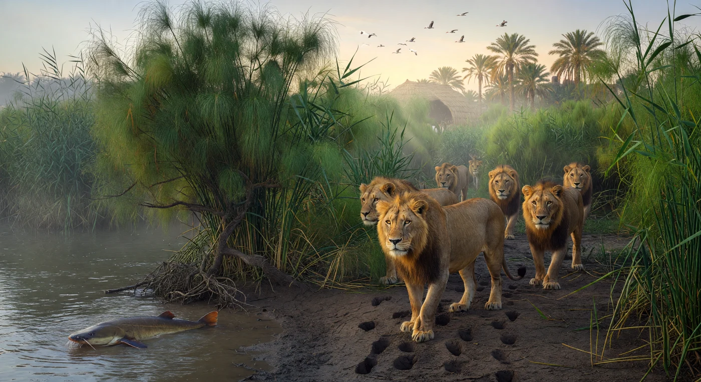 A pride of Asiatic lions (Panthera leo leo) navigates the lush papyrus thickets of the Mesopotamian marshes during the 4th century AD, a time when the Sassanid Empire controlled these fertile riverlands. These apex predators, once common across the Near East, are depicted with their historically accurate shorter manes and distinctive longitudinal skin folds along the belly. In the hazy distance, the silhouette of a traditional reed mudhif signifies the enduring presence of local marsh-dwelling communities whose architectural traditions remained intertwined with this complex riverine ecosystem for millennia.