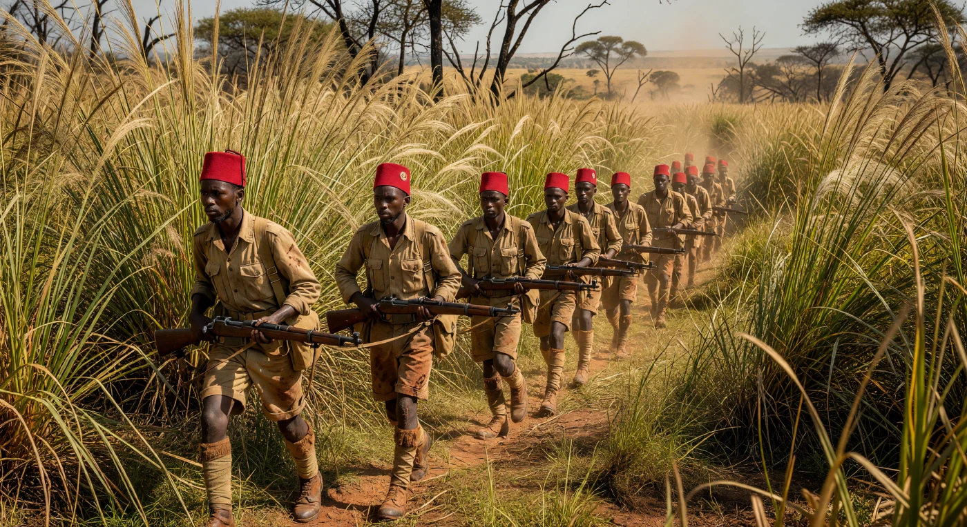 Een patrouille van de King’s African Rifles trekt in 1916 door het metershoge olifantsgras van Oost-Afrika, herkenbaar aan hun karakteristieke rode fezen en khaki uniformen. Deze gedisciplineerde Askari-soldaten, bewapend met Lee-Enfield-geweren, vormden de ruggengraat van de Britse strijdkrachten tijdens de uitputtende bush-campagne van de Eerste Wereldoorlog. De scène illustreert de zware fysieke tol van een oorlog die werd uitgevochten in een verstikkend klimaat en op verraderlijk terrein, ver weg van de Europese loopgraven.
