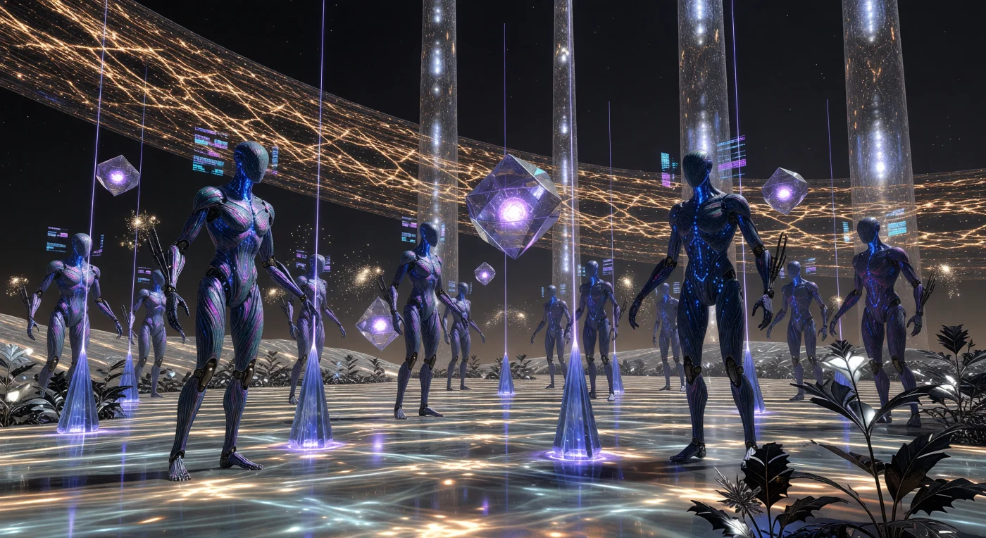 Questa veduta cattura un'Assemblea di Consenso Asincrono su un Anello Orbitale durante l'epoca dell'Orizzonte (100.000 – 1.000.000 d.C.), un periodo dominato dalla gestione della latenza relativistica. Su una piazza di diamante liquido, i cittadini Polistrutturali — entità post-biologiche integrate con femtotecnologia — appaiono in sincronizzazione con imponenti matrici cristalline di Infomorf e nebbie dorate di Menti-Sciame, mentre i nodi di zaffiro trasmettono dati al Protocollo Asincrono. Sullo sfondo, uno Sciame di Dyson filtra la luce di una nana arancione, alimentando una civiltà di scala Kardashev II.5 che ha trasformato i sistemi stellari in una vasta architettura di computazione e materia programmabile.