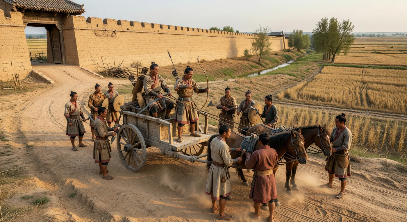 Junto à imponente muralha de terra apiloada de uma cidade do horizonte Erligang ou do Shang inicial, na planície do Norte da China, guerreiros de cabelo preso em topete reúnem-se em torno de um carro leve de duas rodas puxado por dois cavalos pequenos e robustos. O veículo leva a típica equipa de três homens — condutor, arqueiro e combatente armado com ge, a adaga-machado de bronze — enquanto auxiliares verificam arreios de couro e escudos revestidos de pele, num cenário de poeira, sulcos de rodas e campos de milho-miúdo já ceifados. Entre os séculos XVI e XIV a.C., estes carros de guerra eram símbolos de elite e instrumentos de poder militar nas primeiras cidades-estados Shang, antes do uso generalizado de armaduras metálicas, quando a guerra dependia sobretudo de bronze, madeira, couro e disciplina organizada.