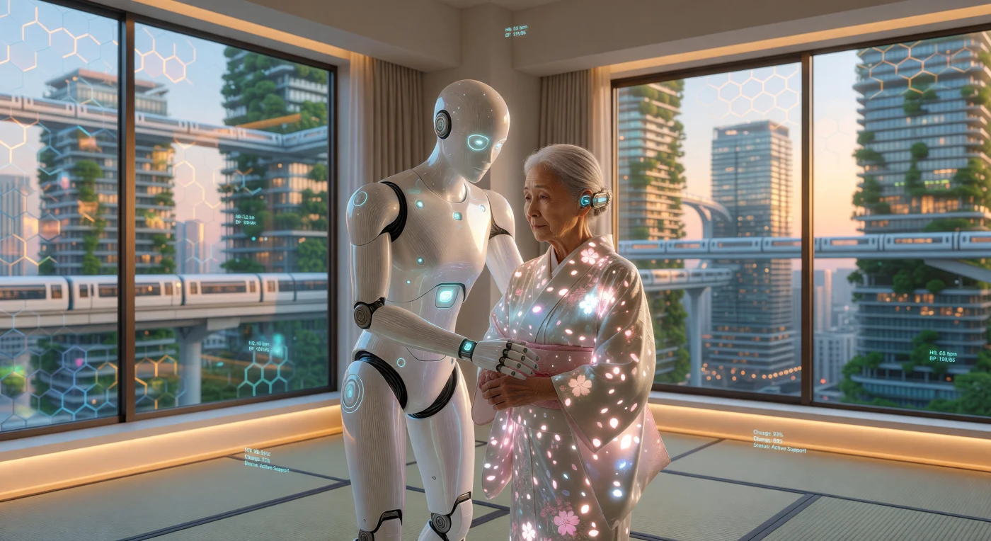 Vers 2045, cette scène d'Osaka illustre « Le Seuil », une phase charnière de l'Anthropocène où les Résidents Non-Biologiques (NBR) et les humains augmentés coexistent dans une symbiose technologique totale. On y observe un automate aux actuateurs biomimétiques assistant une citoyenne équipée d'une interface neurale de Type-IV, évoluant sur un sol en nanopolymères sous la lueur ambrée de fenêtres en pérovskite. Ce tableau domestique révèle une civilisation avancée, classée à 0,78 sur l'échelle de Kardashev, dont l'existence est désormais indissociable des flux de données et de l'énergie de fusion.