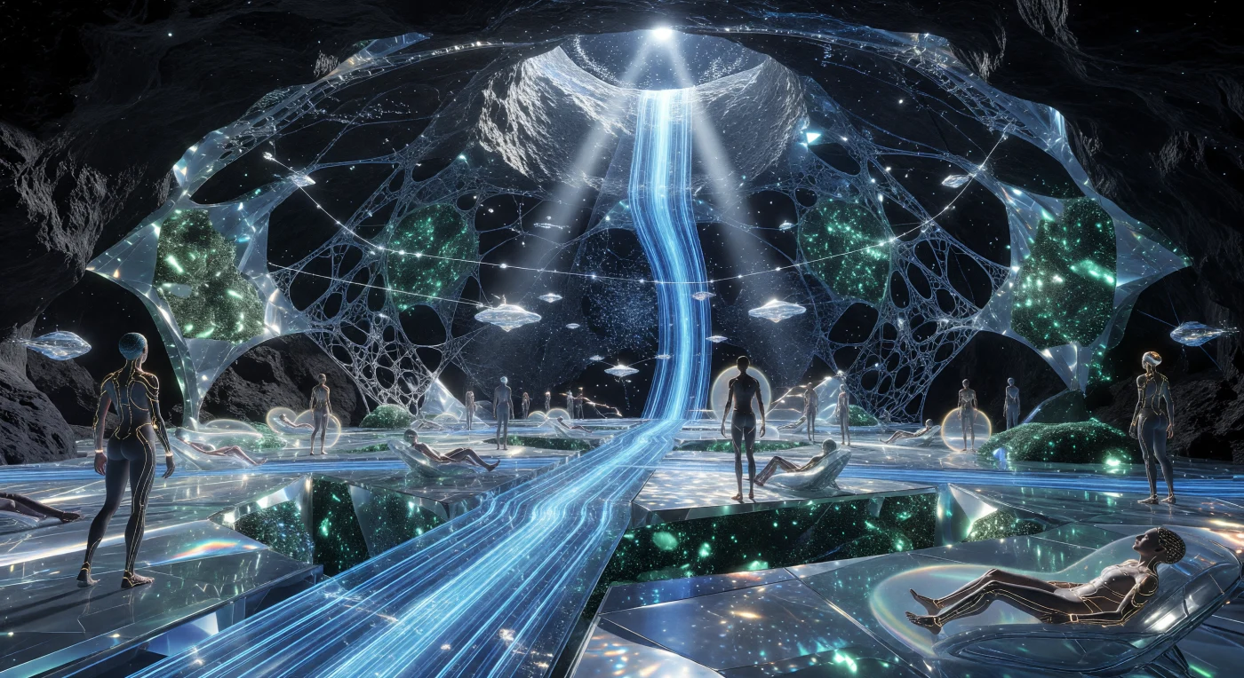 This interior view of a Noospheric Temple reveals the scale of human engineering during the Interstellar Dawn (3000–5000 AD), an era where celestial bodies were repurposed into cognitive hubs. Within this 15-kilometer hollowed-out asteroid, high-velocity "Smart-Fluid" cooling systems flow like azure rivers to support massive liquid-state computing cores. The inhabitants—post-biological and augmented humans optimized for low-gravity environments—navigate a multi-planar urban landscape held together by gravitic anchoring and molecularly reinforced graphene. This "Void-Sphere" represents the pinnacle of the transition from a planetary species to a multi-stellar hegemony, where architecture and collective consciousness become one.