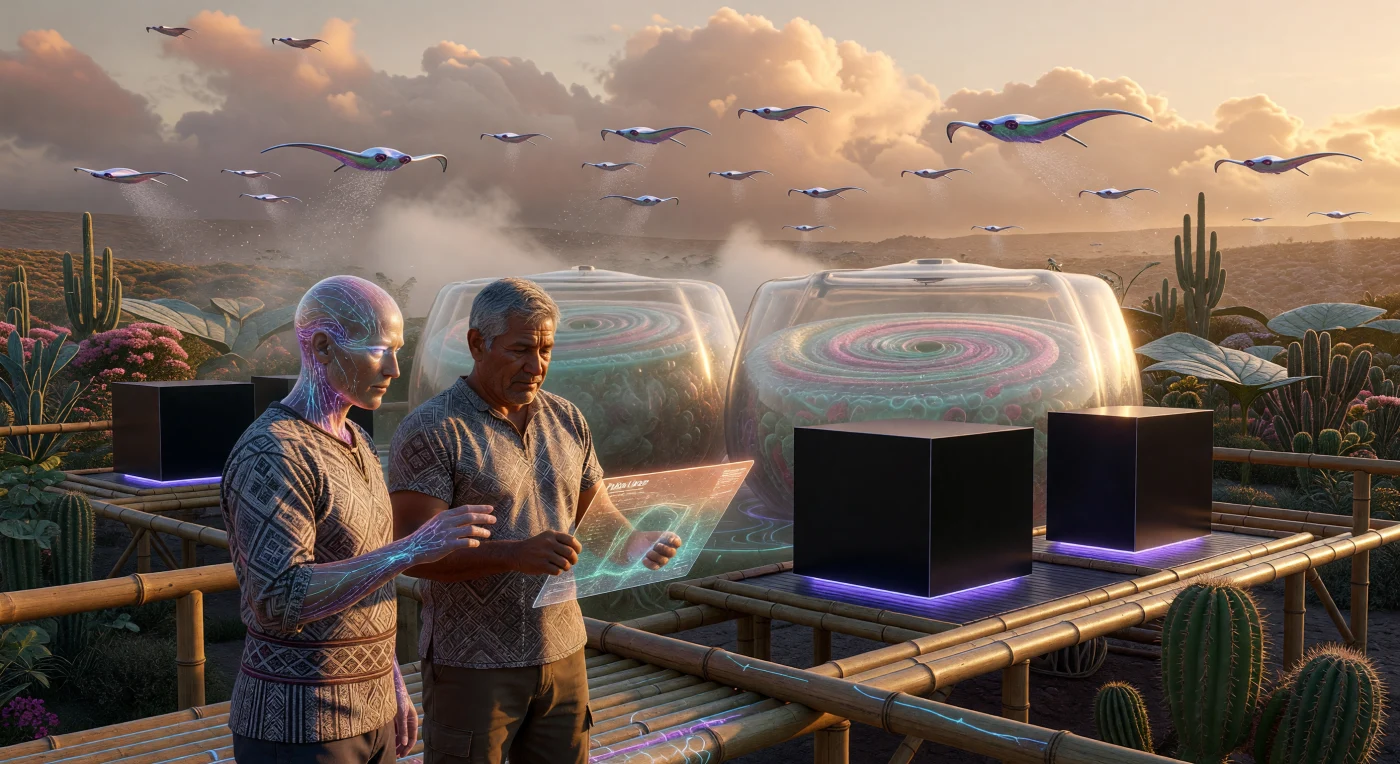 'ऑगमेंटेड डॉन' (2050-2100 ईस्वी) के इस दृश्य में दक्षिणी गठबंधन के श्रमिक अटाकामा 'ग्रीन वॉल' के भीतर विशाल परिशुद्ध किण्वन (precision fermentation) टैंकों की निगरानी कर रहे हैं। यहाँ 50 मीटर ऊंचे जैव-बहुलक पात्रों में उन्नत प्रोटीन संस्कृतियाँ विकसित हो रही हैं, जिन्हें ग्राफीन कैपेसिटर और प्रोटॉन-बोरॉन रिएक्टरों से निरंतर ऊर्जा प्राप्त होती है। इस पुनर्निर्मित आर्द्र भूमि में 'माइको-लिंक्ड' और प्राकृतिक मानव सामूहिक रूप से सैन पेड्रो कैक्टस और जैव-नकल करने वाले ड्रोन के साथ एक कृत्रिम लेकिन जीवंत पारिस्थितिकी तंत्र का संचालन करते हैं, जो भविष्य की भू-अभियांत्रिकी और जैविक सहजीवन के एक उत्कृष्ट उदाहरण को प्रदर्शित करता है।