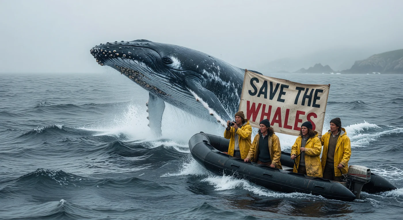 Uma imponente baleia-jubarte rompe a superfície das águas gélidas do Atlântico Norte, ladeada por ativistas que desafiam as ondas em um bote inflável sob um céu carregado de névoa. Trajando capas de PVC amarelo e empunhando uma faixa artesanal com o apelo "Save the Whales", o grupo personifica o fervor e a estética do movimento ambientalista da década de 1970. Este momento icônico reflete a mudança de paradigma na relação da humanidade com os oceanos, documentando a corajosa transição da era da caça industrial para uma nova consciência de preservação global.
