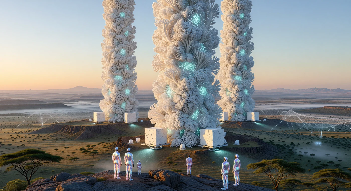 Tegen de dageraad van de Grote Slenk in Kenia verrijzen deze achthonderd meter hoge 'Witte Torens', monumentale atmosferische calcificeerders die de grens tussen techniek en geologie doen vervagen. Tijdens het tijdperk van De Convergentie (2100-2200) transformeren deze fractale structuren via synthetische stomata en cyan-bioluminescentie overtollige atmosferische CO2 in solide blokken calciumcarbonaat, een proces dat de vorming van sedimentair gesteente op ongekende schaal versnelt. Terwijl post-humane onderzoekers via hun Synaptisch Weefsel direct communiceren met het mondiale ecosysteem, markeren deze monolithische bouwwerken van het Pan-Afrikaanse Groene Initiatief het moment in de diepe tijd waarop de mensheid de geochemische cycli van de aarde actief begon te genezen.