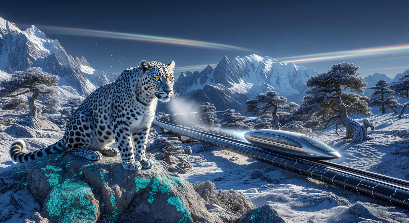 Ein durch synthetische Biologie wiedererweckter Europäischer Leopard (*Panthera pardus sickenbergi*) blickt von einem Kalkvorsprung in den französischen Alpen auf eine lautlose Hyper-Loop-Trasse herab. In dieser Epoche der „Schwelle“ (2025–2050) verschmelzen restaurierte pleistozäne Arten mit fortschrittlichster Graphen-Infrastruktur und bio-engineered Organismen zur aktiven Kohlenstoffbindung. Die Szene verdeutlicht die Vision des Neohumanismus: Eine Welt, in der die raue Wildnis der Eiszeit und die post-fossile Hochtechnologie der Synchronisierten Staaten von Europa in einer technologischen Symbiose koexistieren.