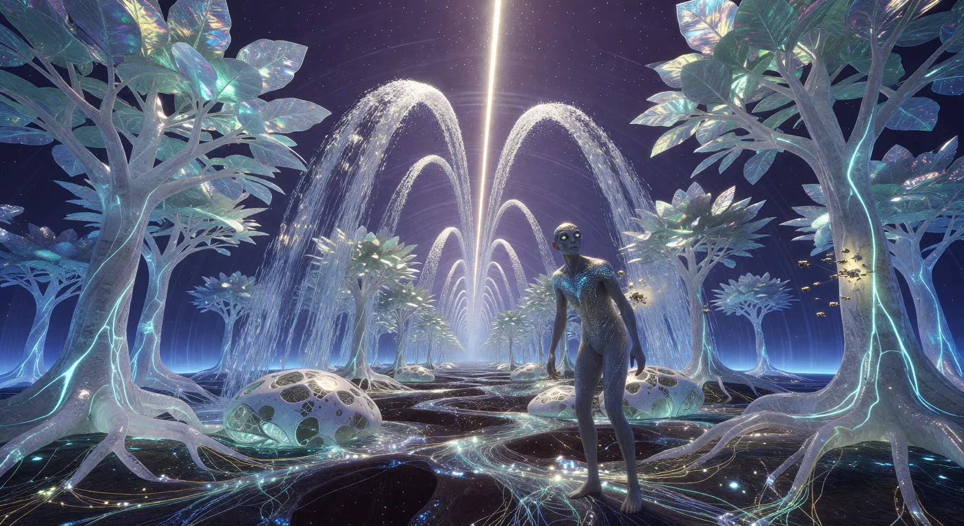 Diese Momentaufnahme aus dem Galaktischen Zeitalter (ca. 5.000–20.000 n. Chr.) dokumentiert die komplexe Ökologie innerhalb eines O’Neill-Zylinders, geprägt von „Arbor-vitreous“-Bäumen, deren lichtbrechende Quarzstrukturen das Leben vor stellarer Strahlung schützten. Man beobachtet, wie hyper-oxygeniertes Wasser durch den Coriolis-Effekt in aufwärts gerichteten Kaskaden dem zentralen Fusionsfeuer entgegenstrebt, während postbiologische Bewohner in ovoiden „Synaptischen Pods“ eine technologische Symbiose mit dem künstlichen Myzel-Boden eingingen. Diese Ära zeugt von der Abkehr der Zivilisation von natürlichen Planetenoberflächen hin zu einer Existenz in künstlich erschaffenen, gravitativ gesteuerten Biosphären.