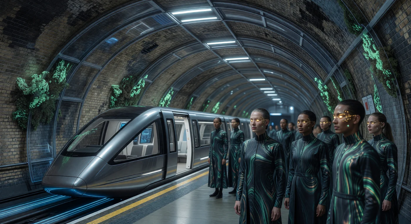 In this 2045 depiction of the London Underground, the "Digital Palimpsest" architecture merges historical Victorian masonry with the carbon-fiber reinforcements of the Threshold era (2025–2050). Commuters, including biologically-enhanced Augments and Sentient Synthetics, utilize Neural Lace 4.0 interfaces and sub-vocal synthesis to communicate silently within a post-scarcity society. The scene highlights the integration of sustainable technologies, such as carbon-capturing synthetic lichen and high-efficiency maglev transport, reflecting the peak of European technological synchronization.