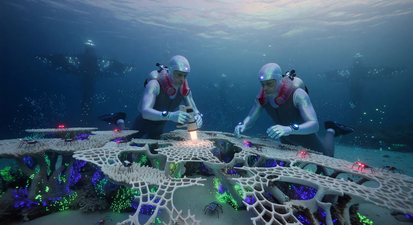 In the deep indigo waters of the mid-2040s Indo-Pacific, aqua-augmented divers maintain a hybrid reef structure using handheld calcium-carbonate 3D printers to repair fractured sections. These "ecosystem gardeners" of the Threshold era utilize synthetic gills and iridescent hydrophobic skin treatments to operate without traditional scuba gear, tending to symbio-ceramic scaffolds encrusted with heat-resistant, bio-fluorescent corals. The scene illustrates the "Blue Acceleration," a period roughly 20 years into the 21st century where the oceans became a managed industrial-ecological frontier, supported by OTEC energy platforms and autonomous maintenance drones. This managed environment represents a desperate yet technologically advanced effort to preserve marine biodiversity through the integration of synthetic biology and maritime engineering.