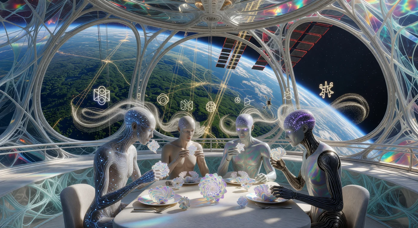 Diese Darstellung aus der Ära der Solaren Expansion (ca. 2500–3000 n. Chr.) zeigt ein Gemeinschaftsmahl auf dem „Gürtel von Gaia“, einem massiven Orbitalring über der renaturierten Erde. Man erkennt augmentierte biologische Menschen und synthetische Entitäten, die 3D-gedruckte, fraktale Nährstoffe konsumieren, während ihre neuronalen Schnittstellen leuchtende Datenströme der Noosphäre direkt in den Raum projizieren. Im Hintergrund zeugen glühende Radiatorfinnen und die goldenen Filamente der Weltraumlifte von der technologischen Blüte einer Zivilisation, welche die Grenzen zwischen Biologie, Digitalität und orbitaler Architektur längst überwunden hat.