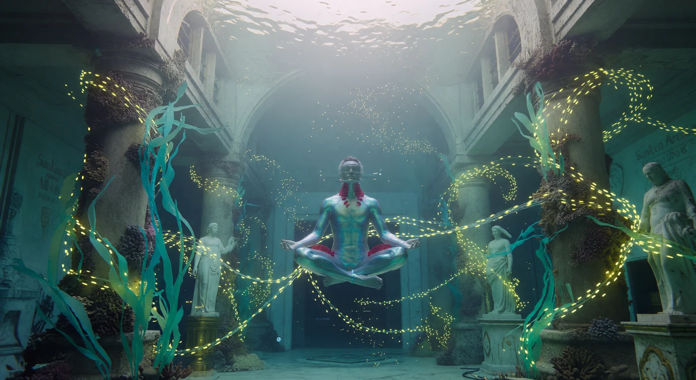 Diese Szene aus dem Jahr 2048 zeigt einen aqua-augmentierten Menschen inmitten der gefluteten Ruinen eines Art-Déco-Gebäudes im einstigen Miami. Während der Ära des „Threshold“ (2025–2050) passten sich Bewohner durch synthetische Kiemen und bio-polymere Schutzschichten an den steigenden Meeresspiegel und die neue marine Lebensweise an. Zwischen Symbio-Keramik-Korallen und biolumineszenten Bakterien, die als lebende Datenleiter fungieren, wird hier die Transformation der Ozeane in einen technologisch verwalteten und bewohnten Lebensraum greifbar.